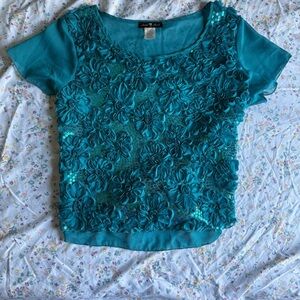 Women's Vintage Teal Floral Appliqué Short Sleeve Blouse w/ Tie Ribbon